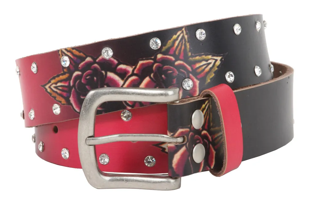 1 1/2 Inch Snap On Rhinestone Rose Printed Genuine Leather Belt