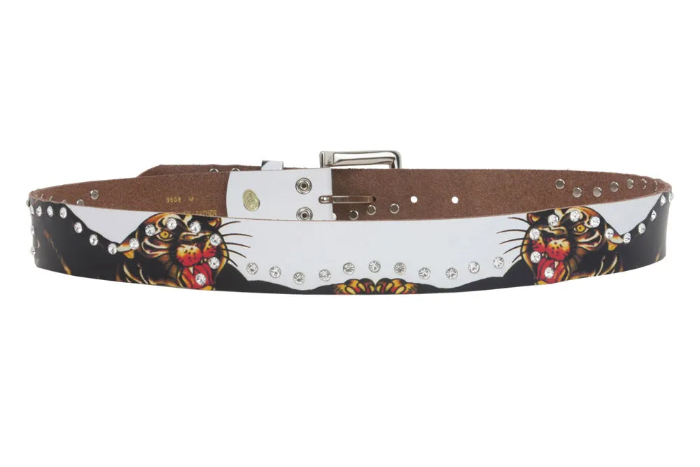 1 1/2 Inch Snap On Rhinestone Tiger Printed Genuine Leather Belt