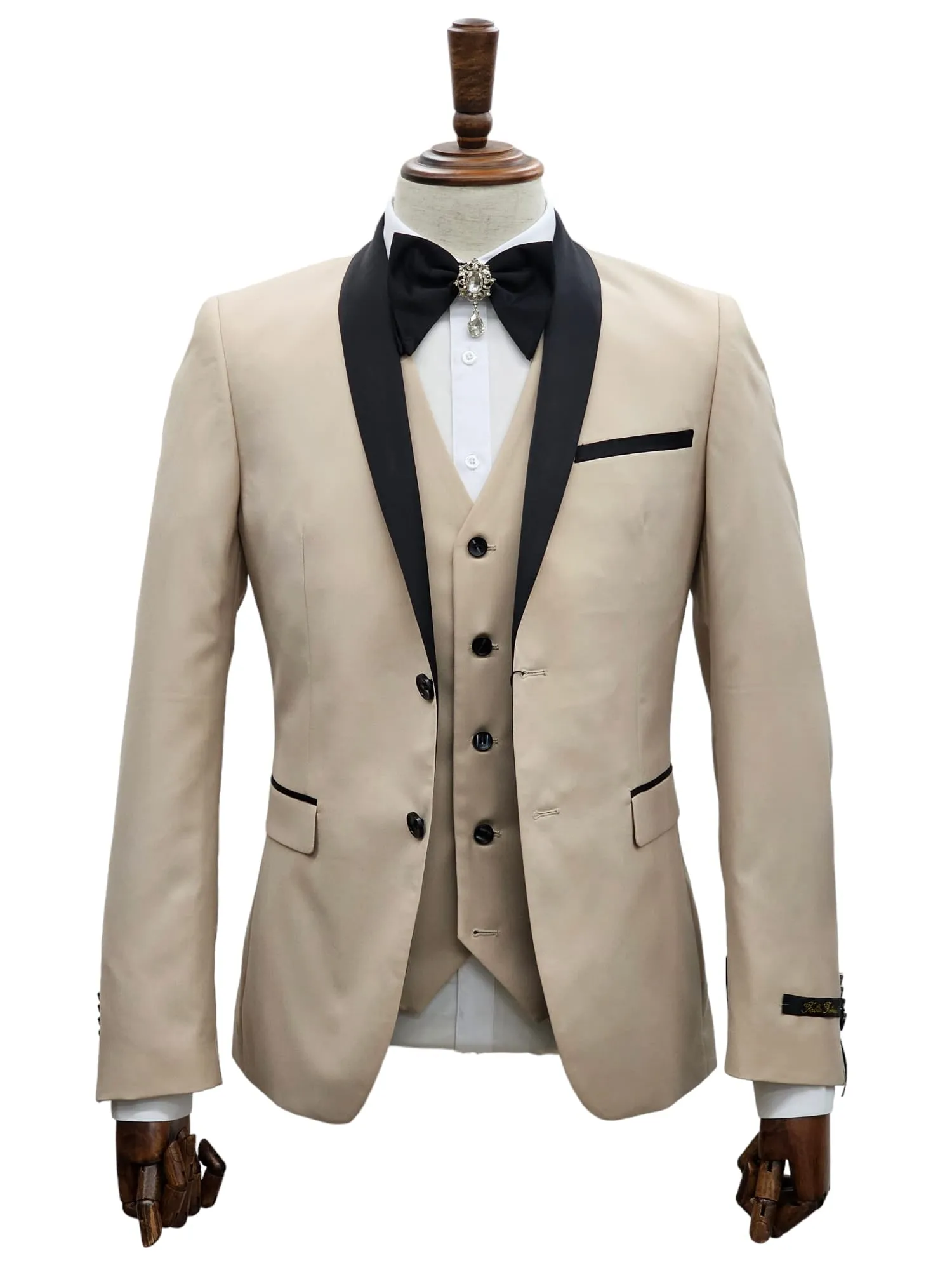 2 Button Sand Slim Fit Suit with Black Shawl Lapel FF2SSX V-1230