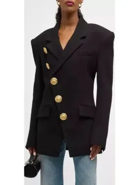 Asymmetric Fitted Single-Breasted Black Crepe Jacket