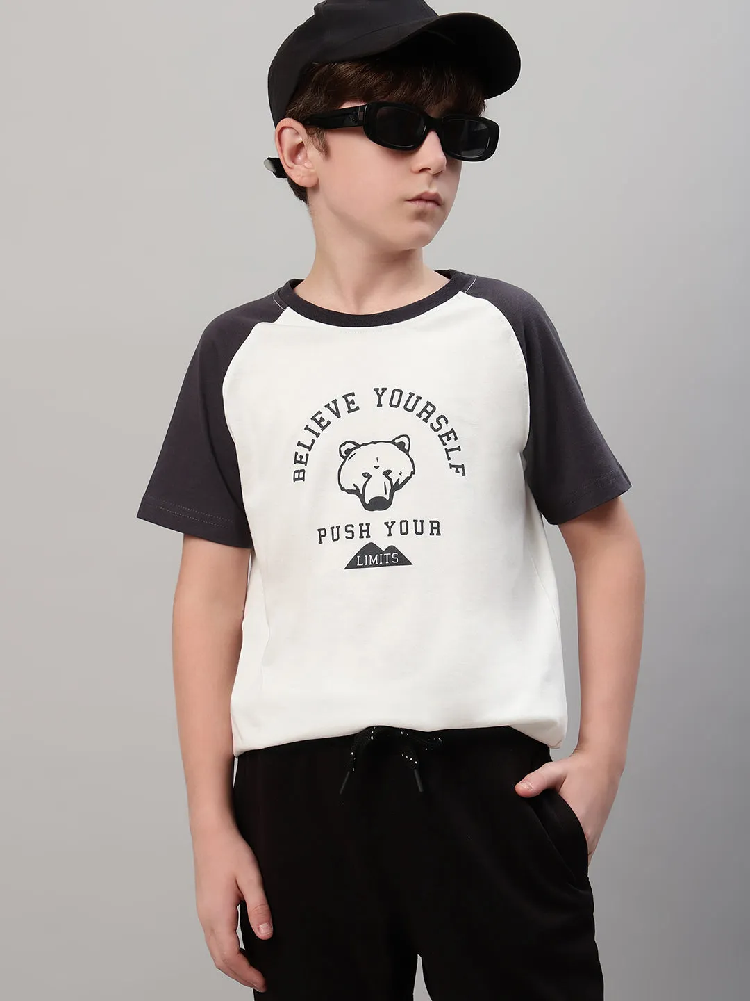 Boys Casual White Raglan Contrast Half Sleeve  T-Shirt