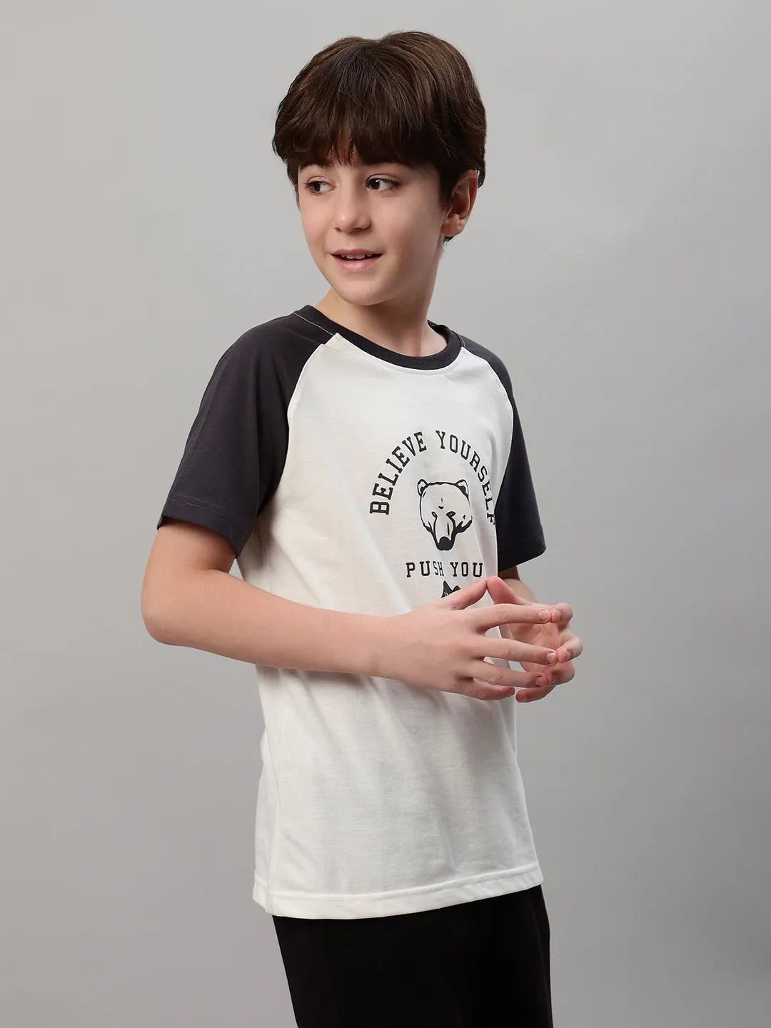 Boys Casual White Raglan Contrast Half Sleeve  T-Shirt