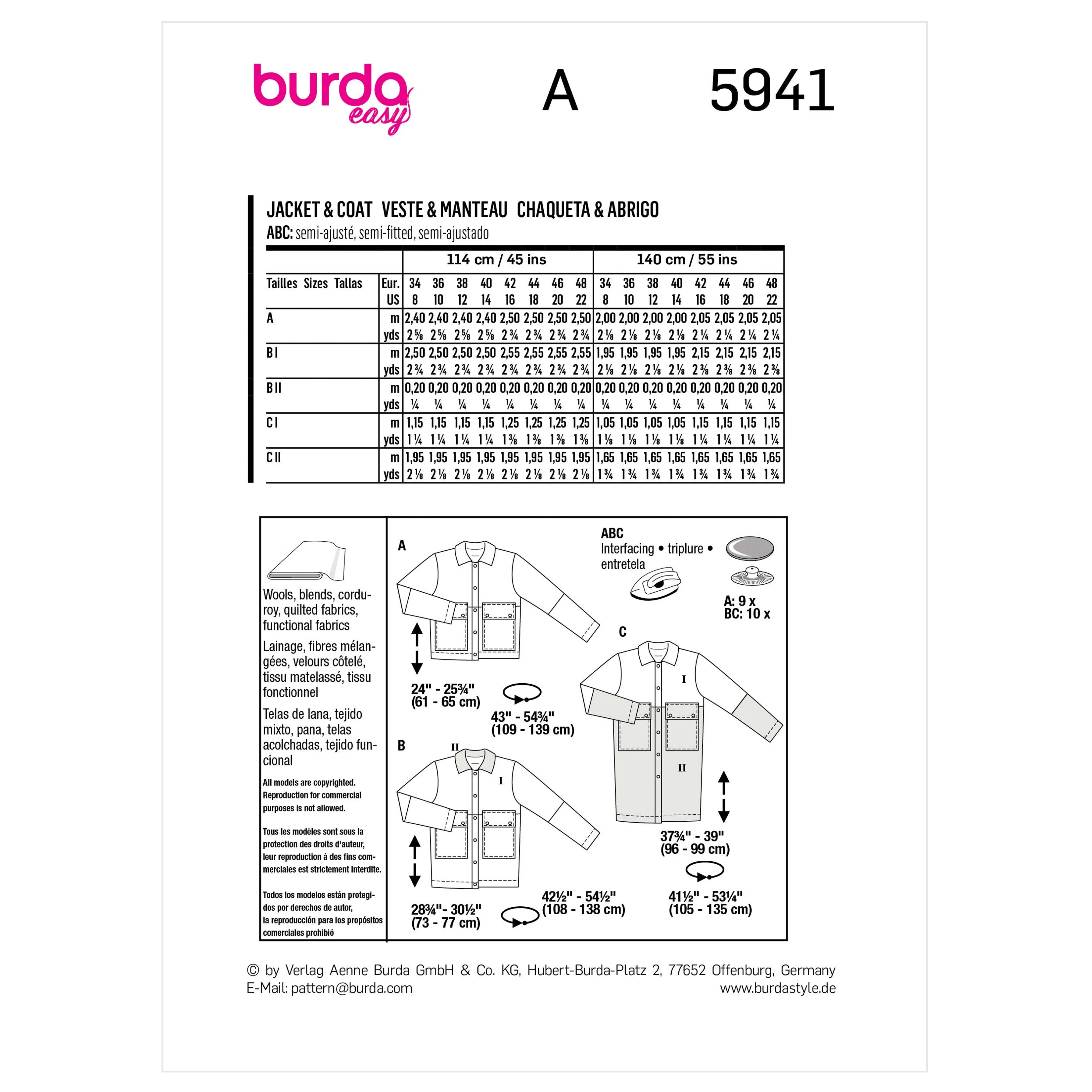 Burda Sewing Pattern 5941 Misses' Jacket and Coat