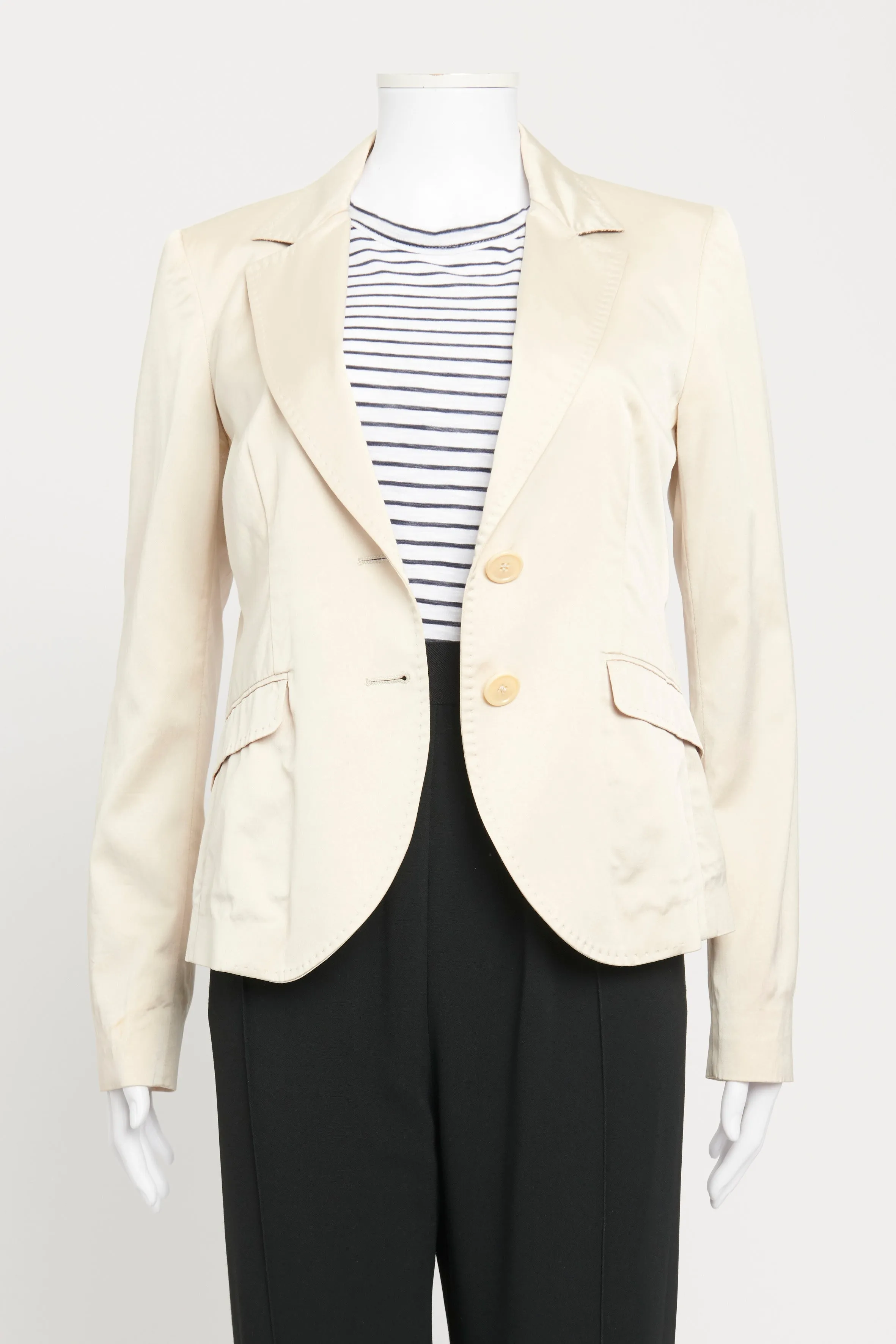 Cream Double Breasted Blazer with Curved Hem