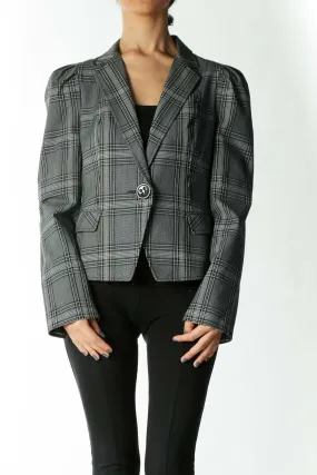 Gray and Black Plaid Fitted Large-Button Blazer