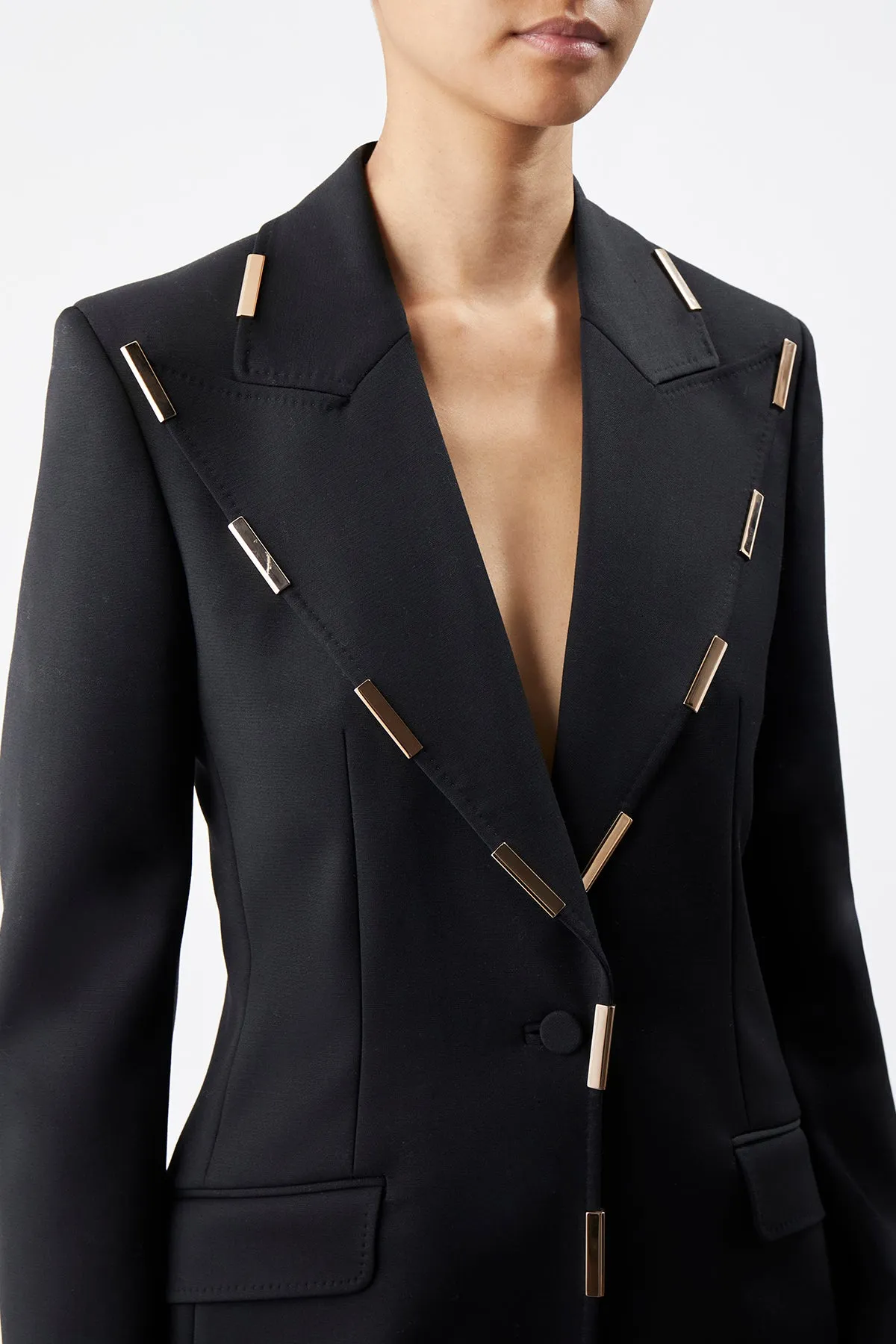 Leiva Blazer in Black Sportswear Wool with Gold Bars