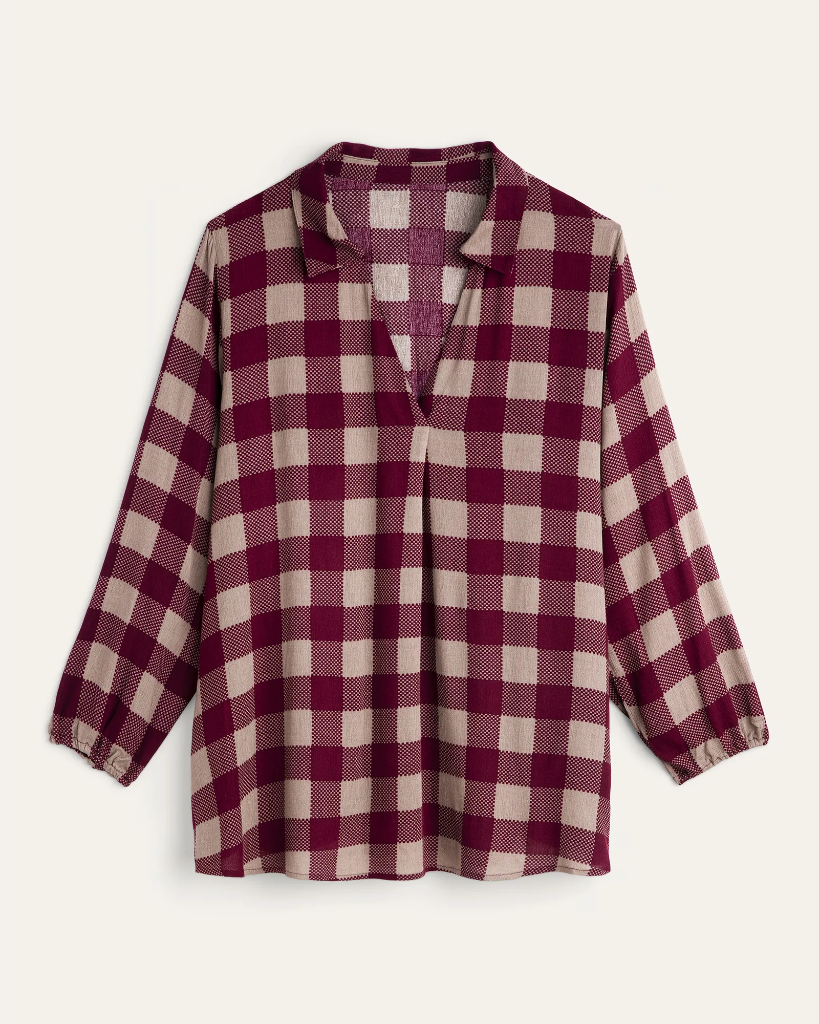 Matilda Plaid Button-Down Tunic | Tan / Burgundy