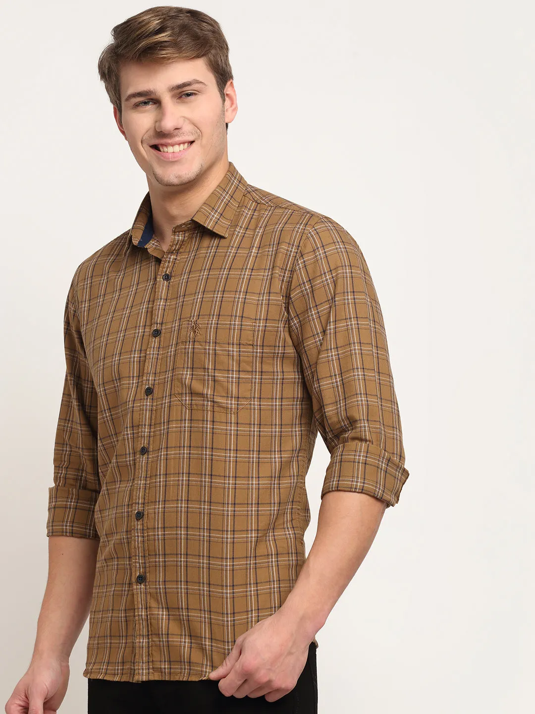 Men Cotton Checkered Khaki Full Sleeve Casual Shirt for Men with Pocket