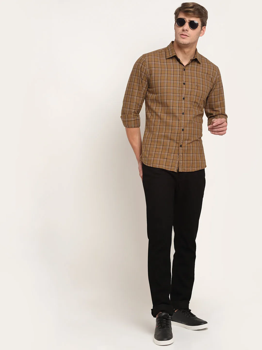 Men Cotton Checkered Khaki Full Sleeve Casual Shirt for Men with Pocket