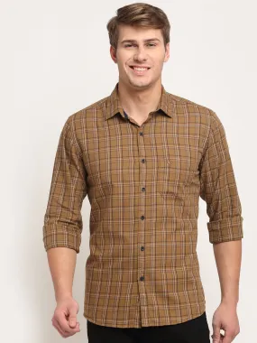 Men Cotton Checkered Khaki Full Sleeve Casual Shirt for Men with Pocket