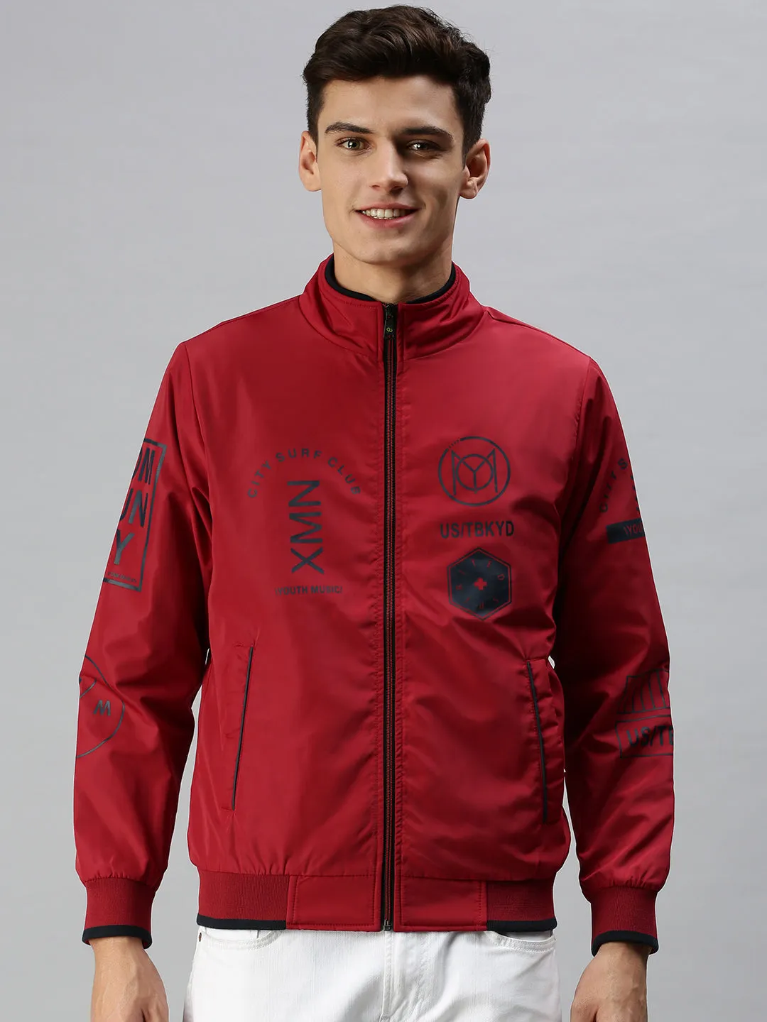 Men Printed Red Sporty Jacket