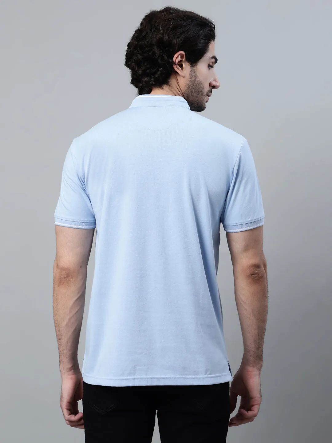 Men's Sky Blue Color Block Mandarin Collar T-shirt