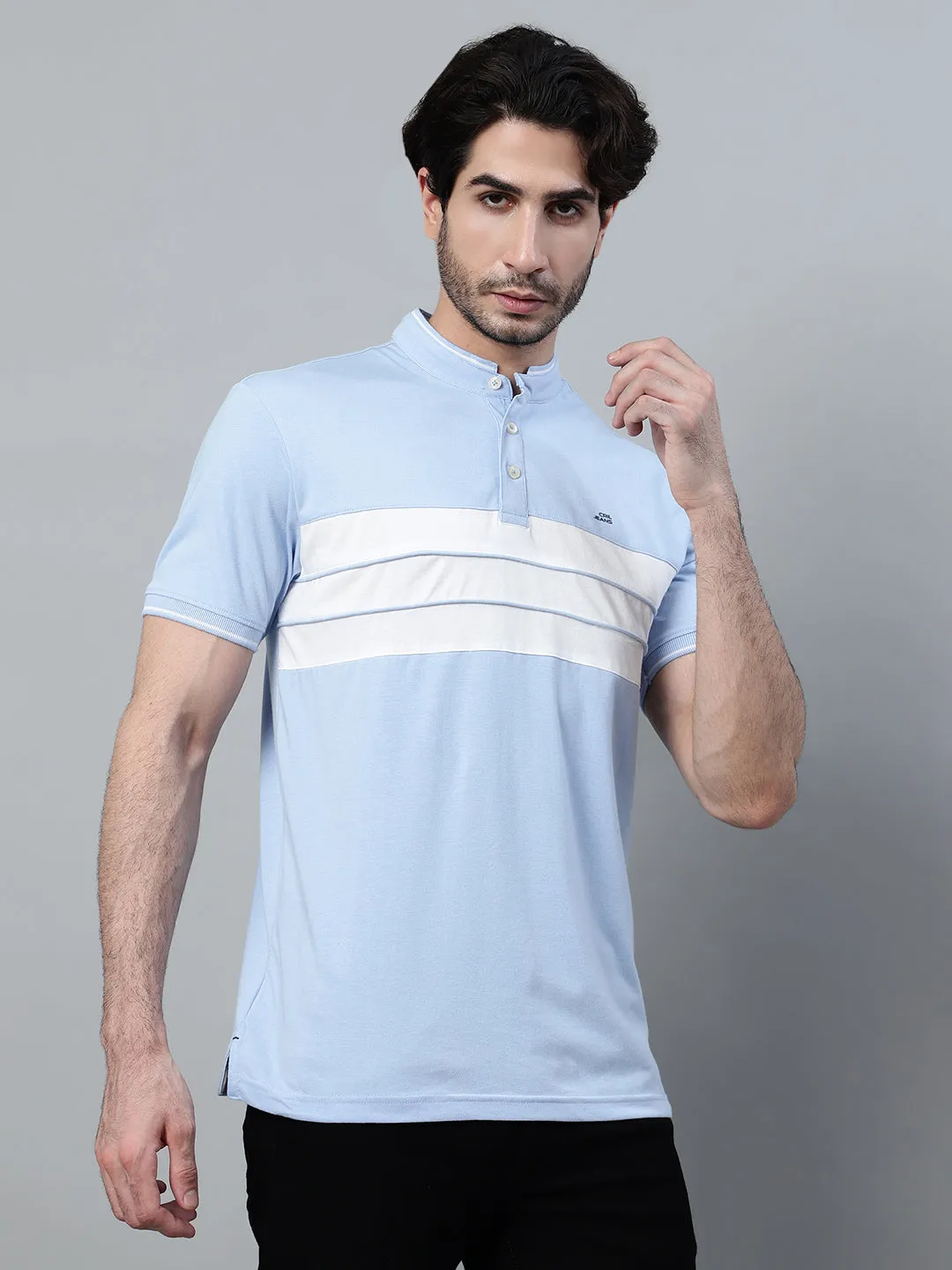 Men's Sky Blue Color Block Mandarin Collar T-shirt