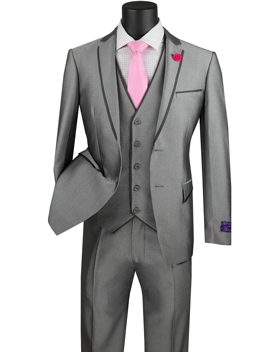 Mens Ultra Slim Fit Sharkskin Tuxedo with Satin Trim in Grey - Mens Slim Fitted Tuxedo