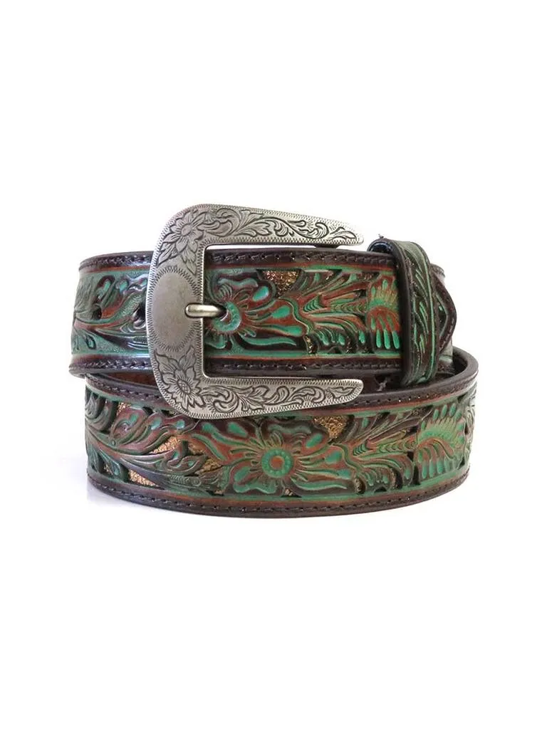 MF Western Ariat Ladies Patina Floral Embossed Brown Leather Belt Style A1528002