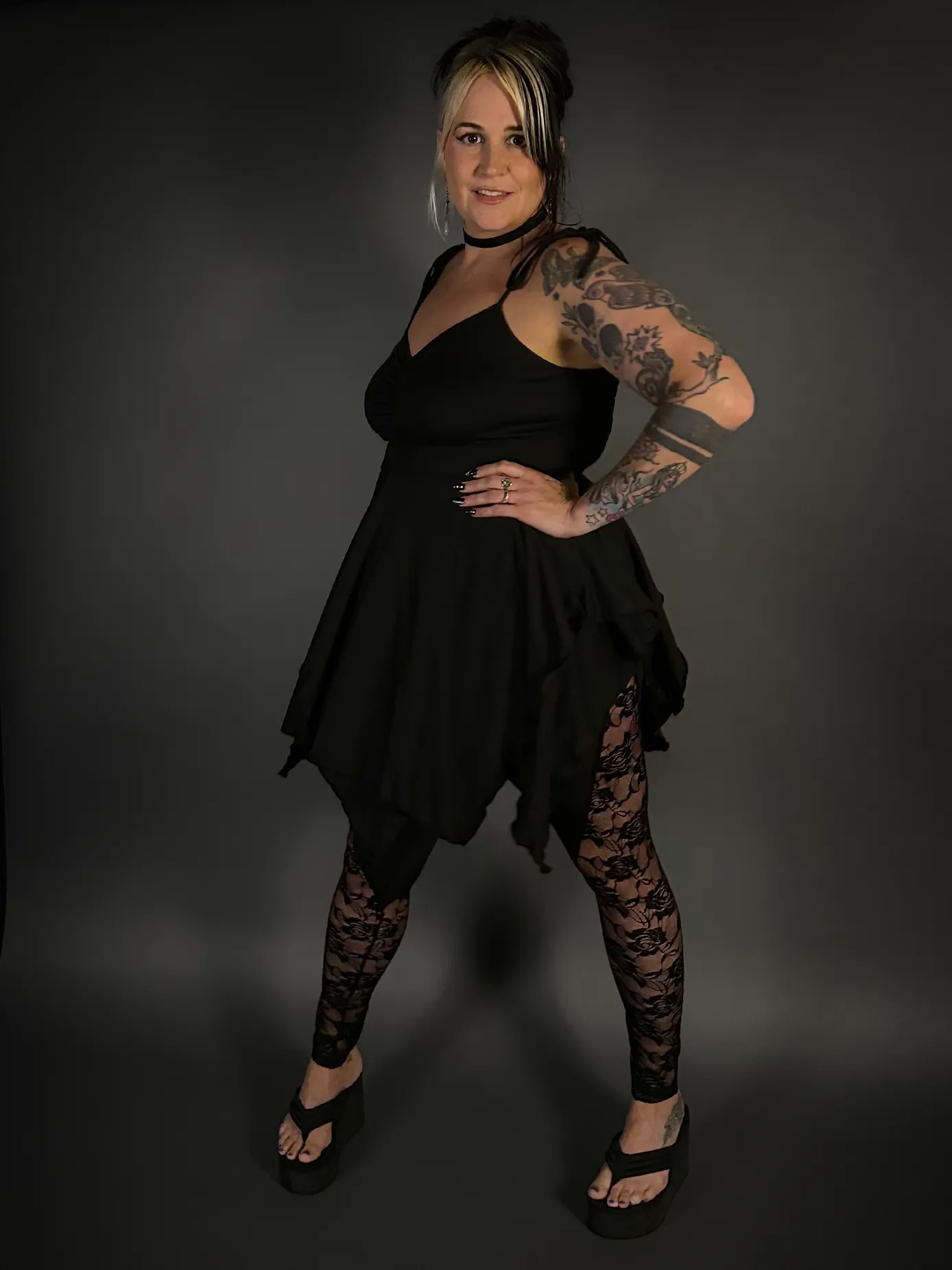 Outfit Set - Black Spaghetti Strap Fairy Dress & Rose Lace Translucent Leggings