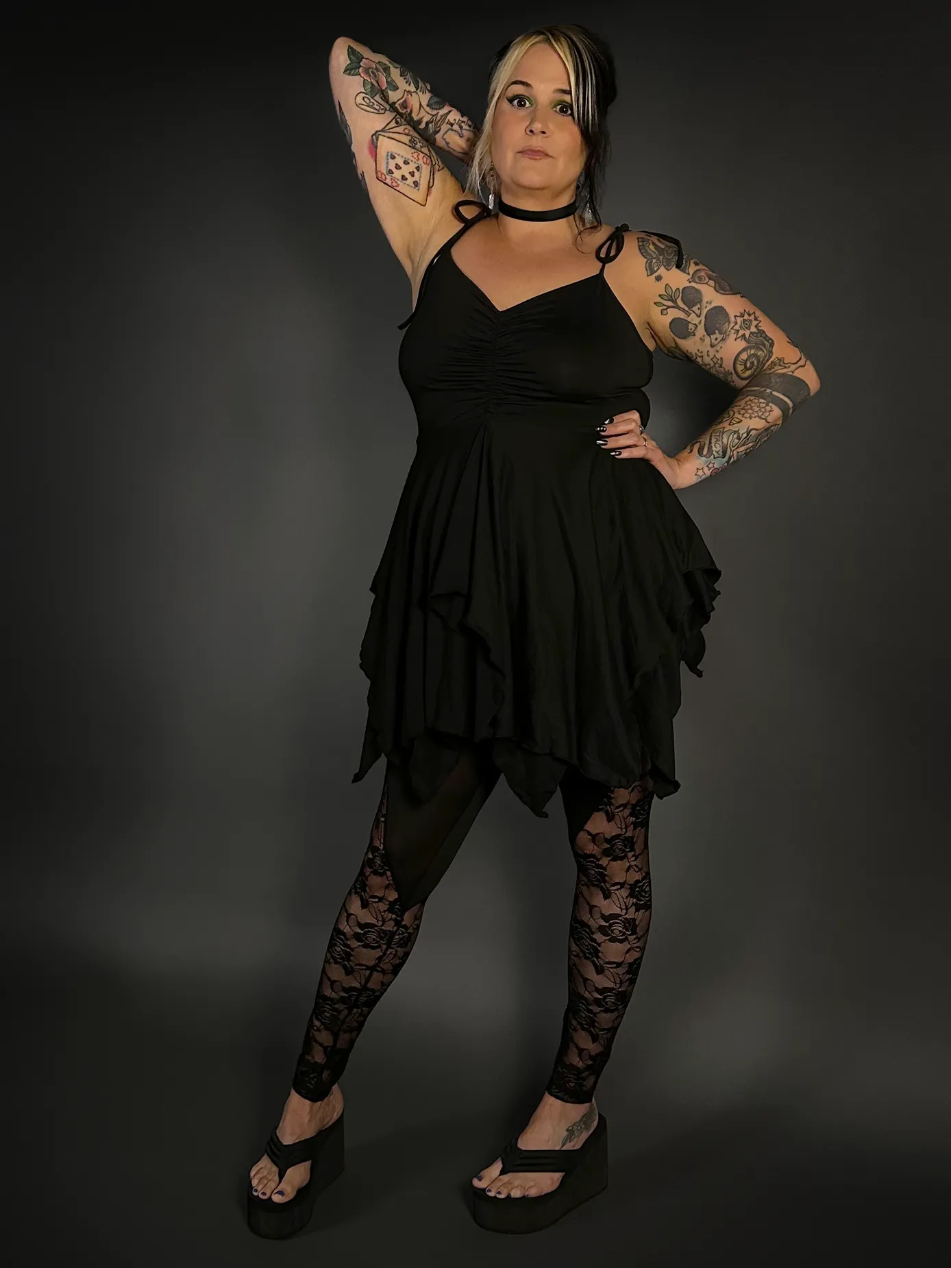 Outfit Set - Black Spaghetti Strap Fairy Dress & Rose Lace Translucent Leggings