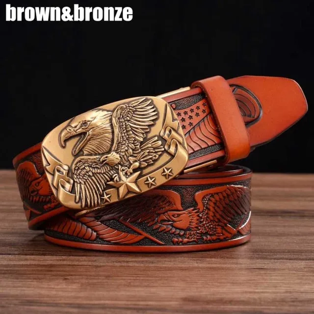 Rectangular Eagle Design Leather Belt