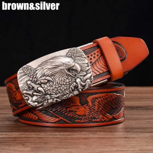 Rectangular Eagle Design Leather Belt