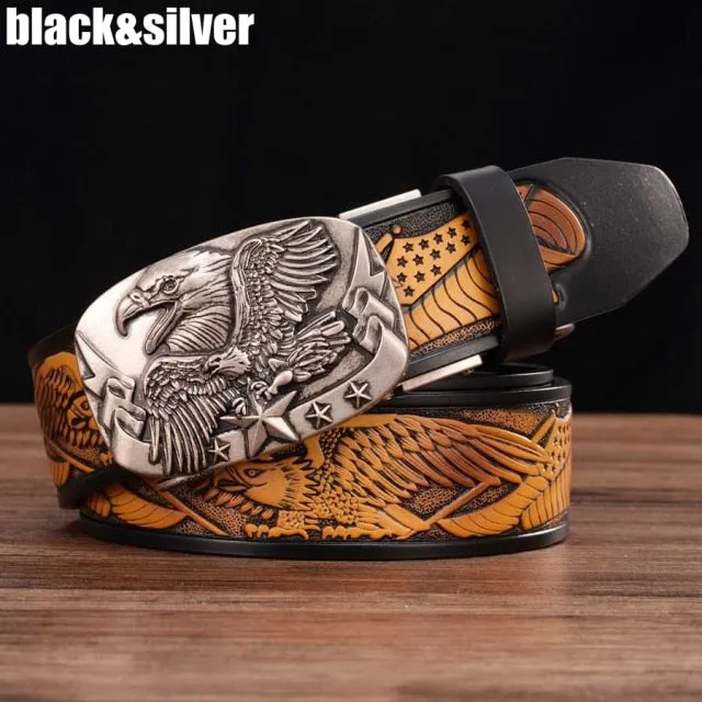 Rectangular Eagle Design Leather Belt