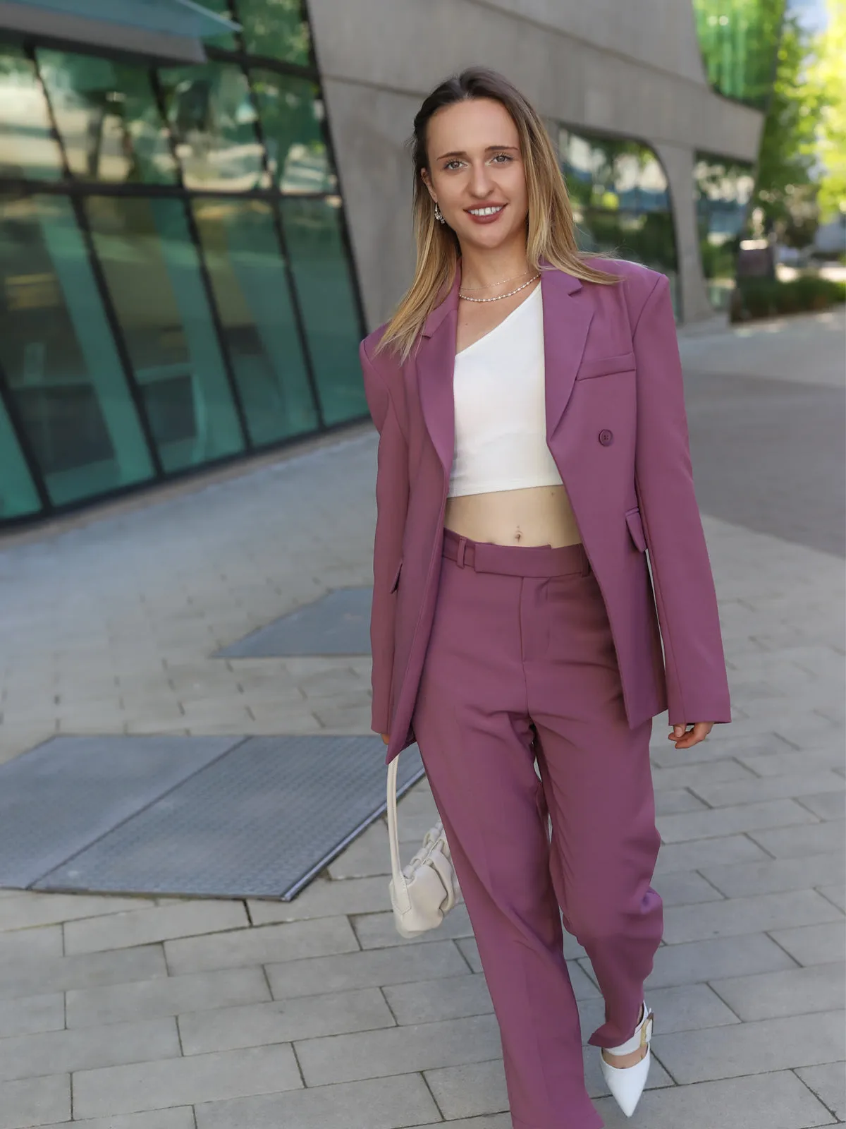 Single Front-Button Fitted Blazer and Pants - Manve Purple