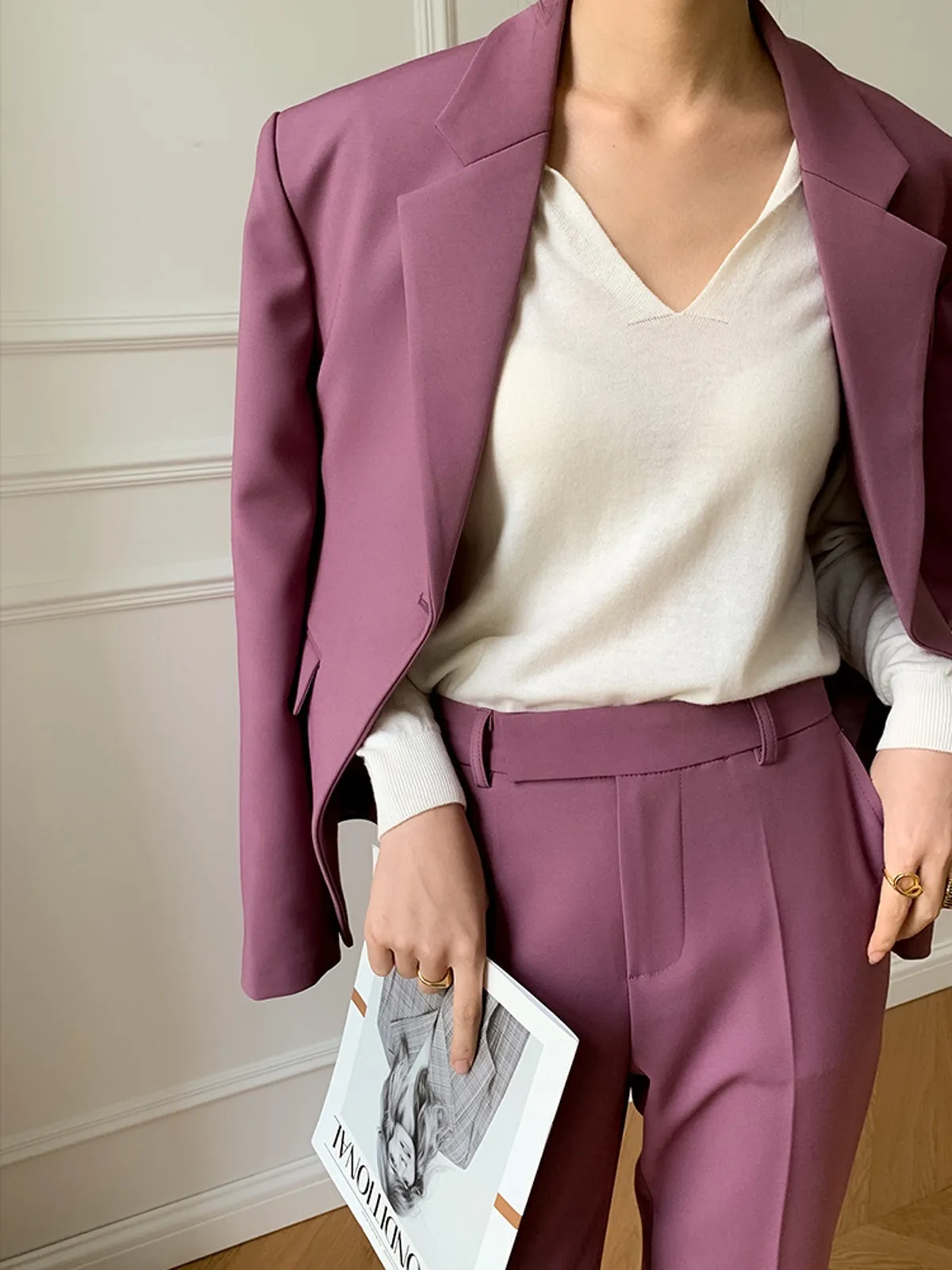 Single Front-Button Fitted Blazer and Pants - Manve Purple