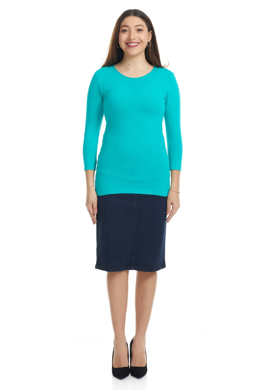 Turquoise 3/4 Sleeve Snug Fit Cotton Boat Neck Layering Shirt for Women