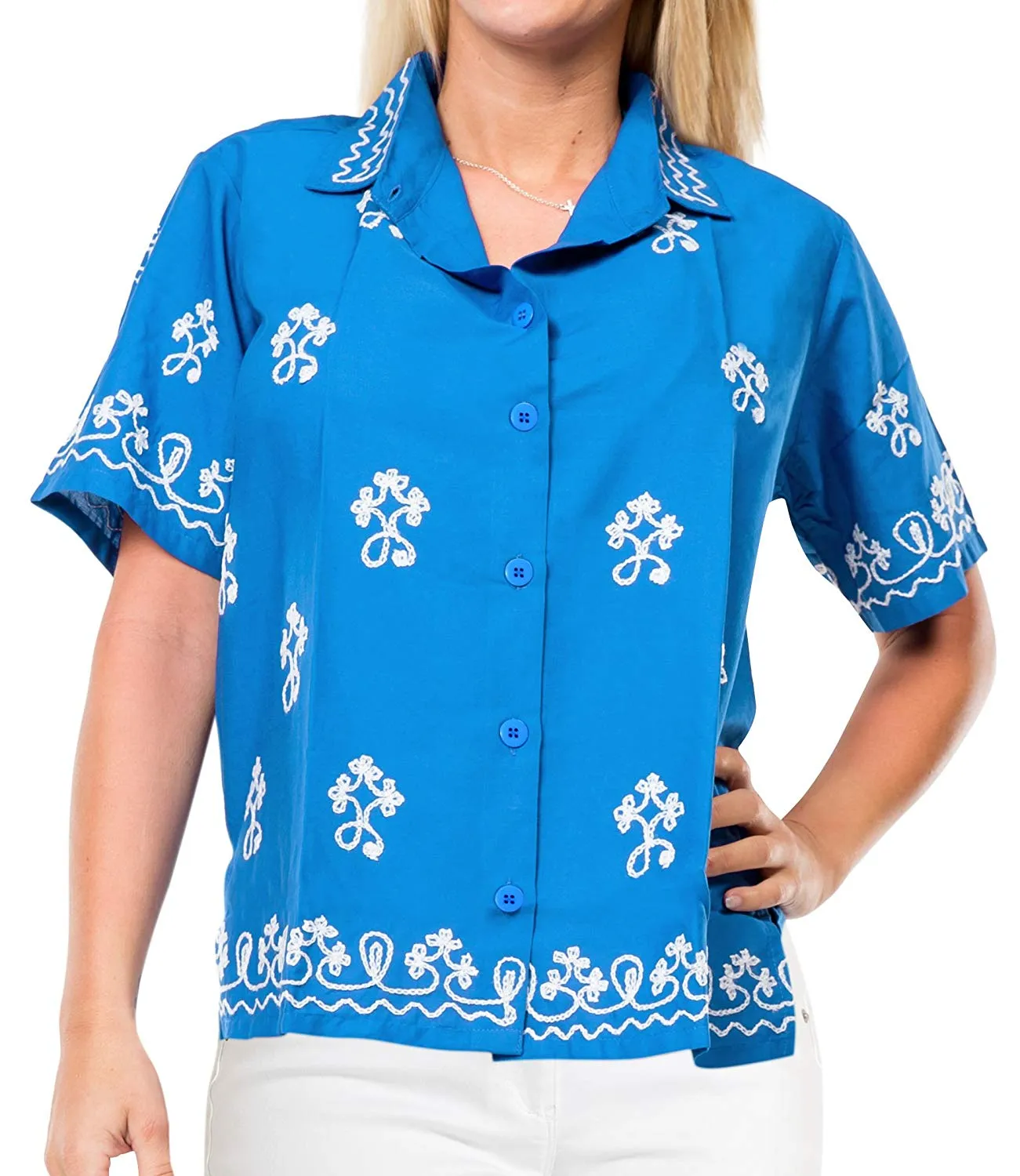 Vintage Embroidered Short Sleeve Rayon Blouse Button Down Aloha Shirt Women Blue