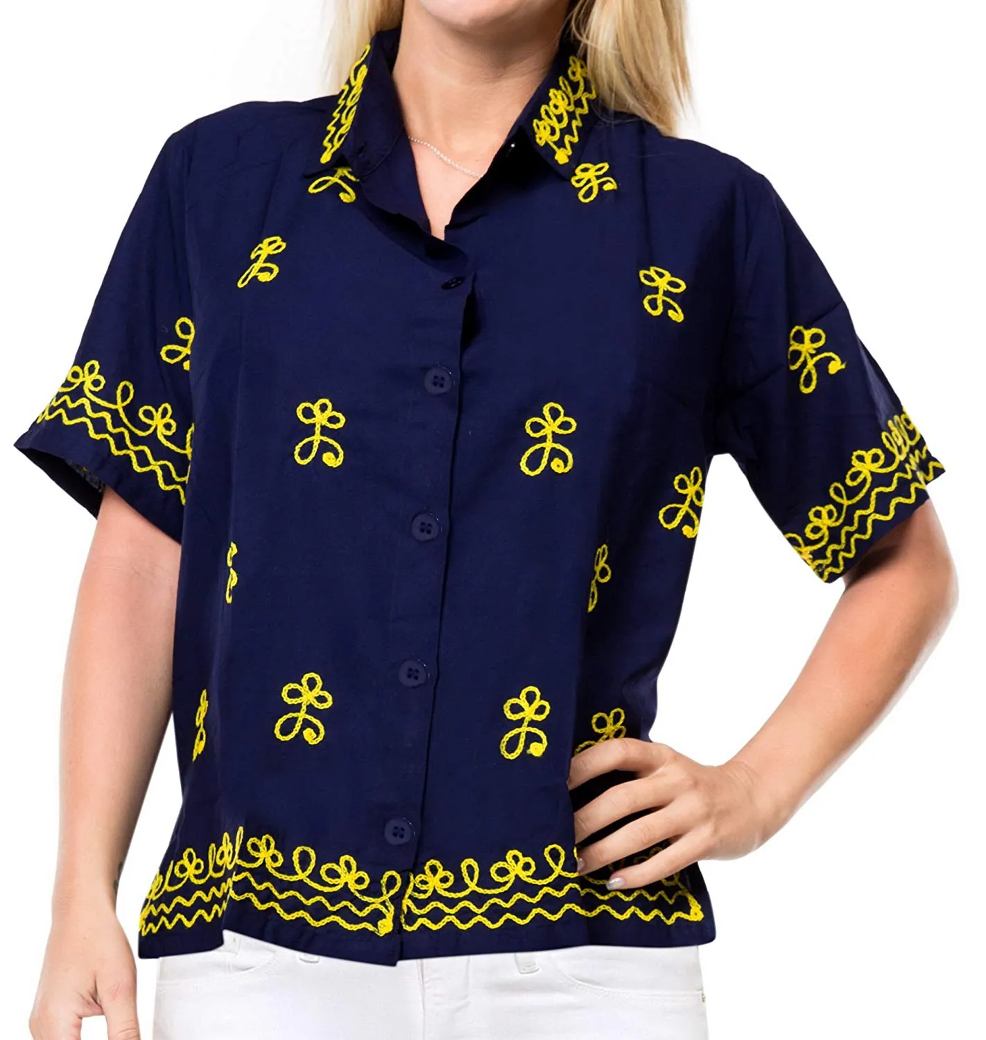 Vintage Embroidered Short Sleeve Rayon Blouse Button Down Aloha Shirt Women Blue