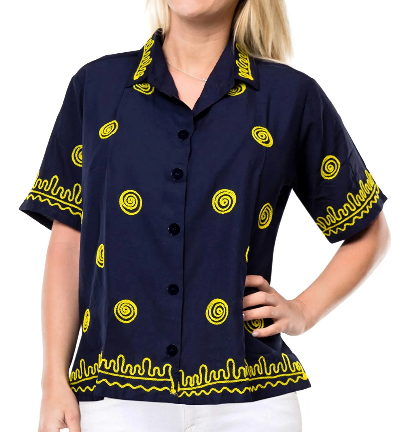 Vintage Embroidered Short Sleeve Rayon Blouse Button Down Aloha Shirt Women Blue