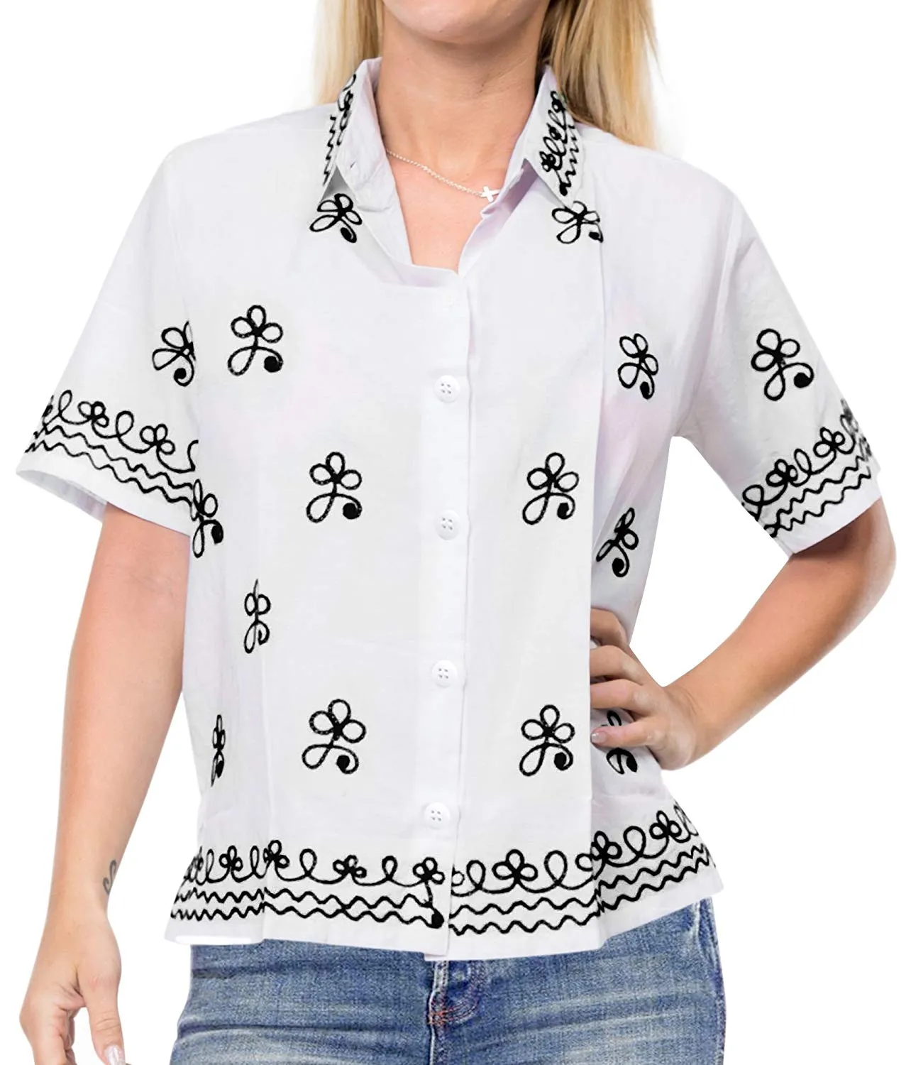 Vintage Embroidered Short Sleeve Rayon Blouse Button Down Aloha Shirt Women Blue