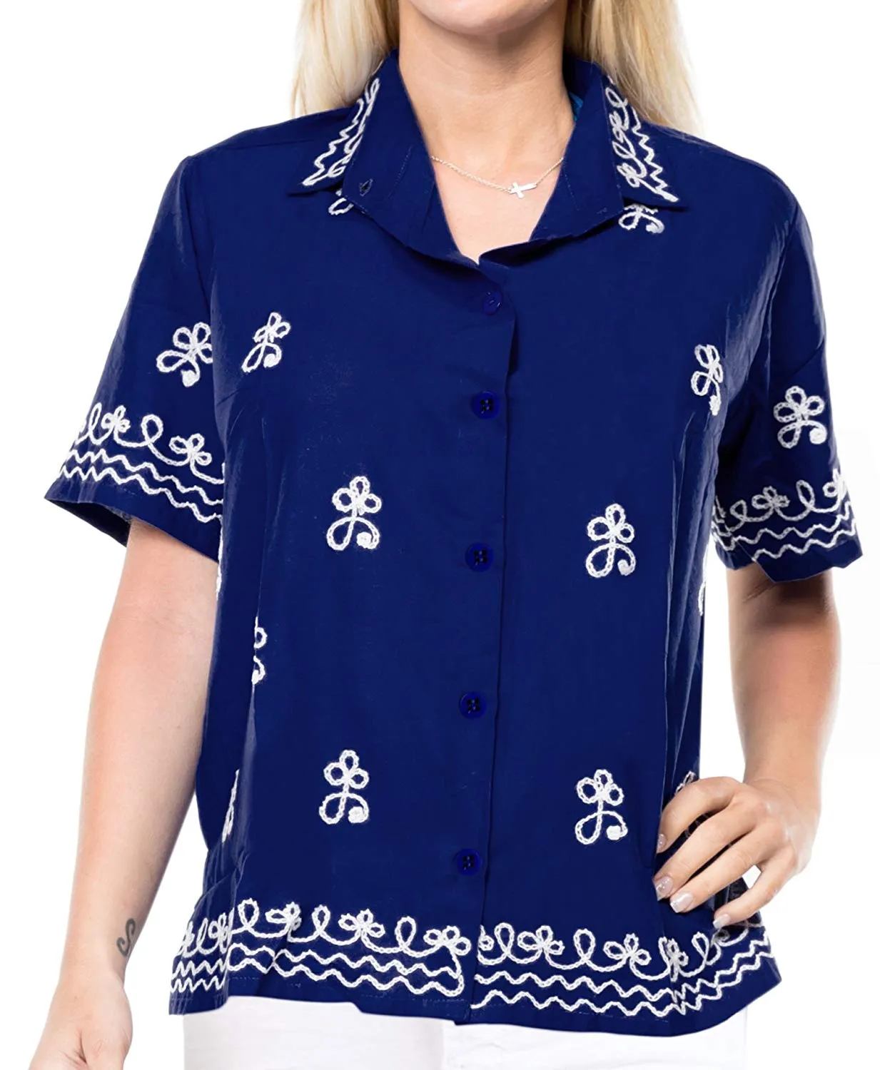 Vintage Embroidered Short Sleeve Rayon Blouse Button Down Aloha Shirt Women Blue