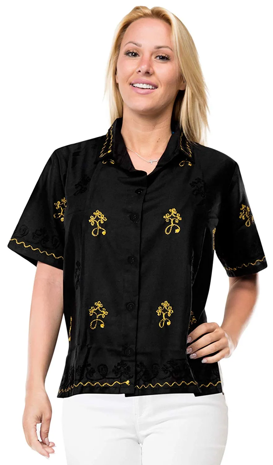 Vintage Embroidered Short Sleeve Rayon Blouse Button Down Aloha Shirt Women Blue