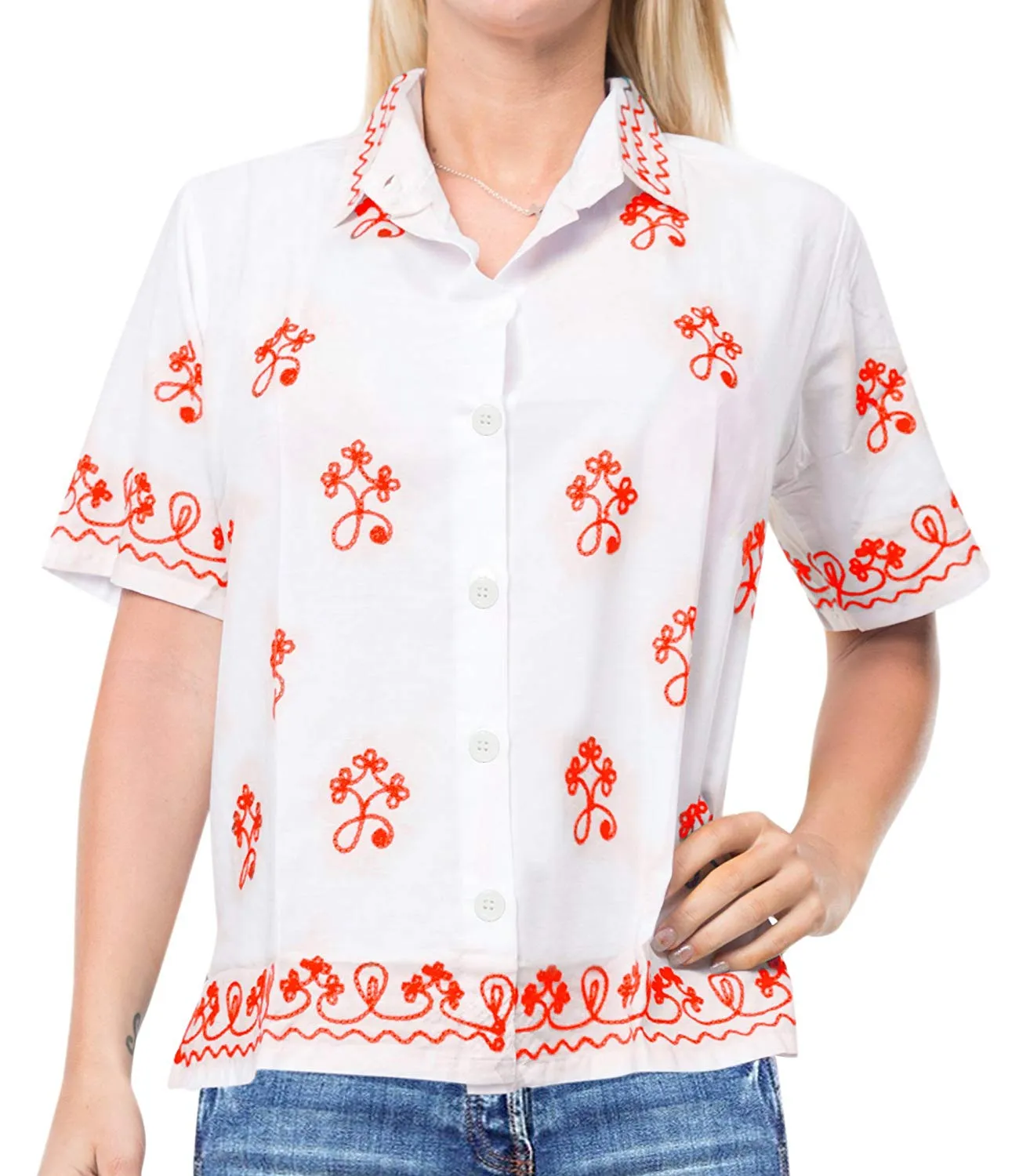 Vintage Embroidered Short Sleeve Rayon Blouse Button Down Aloha Shirt Women Blue