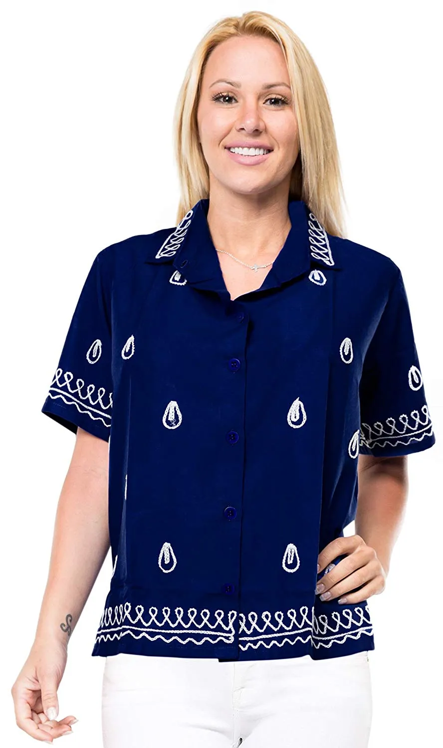 Vintage Embroidered Short Sleeve Rayon Blouse Button Down Aloha Shirt Women Blue