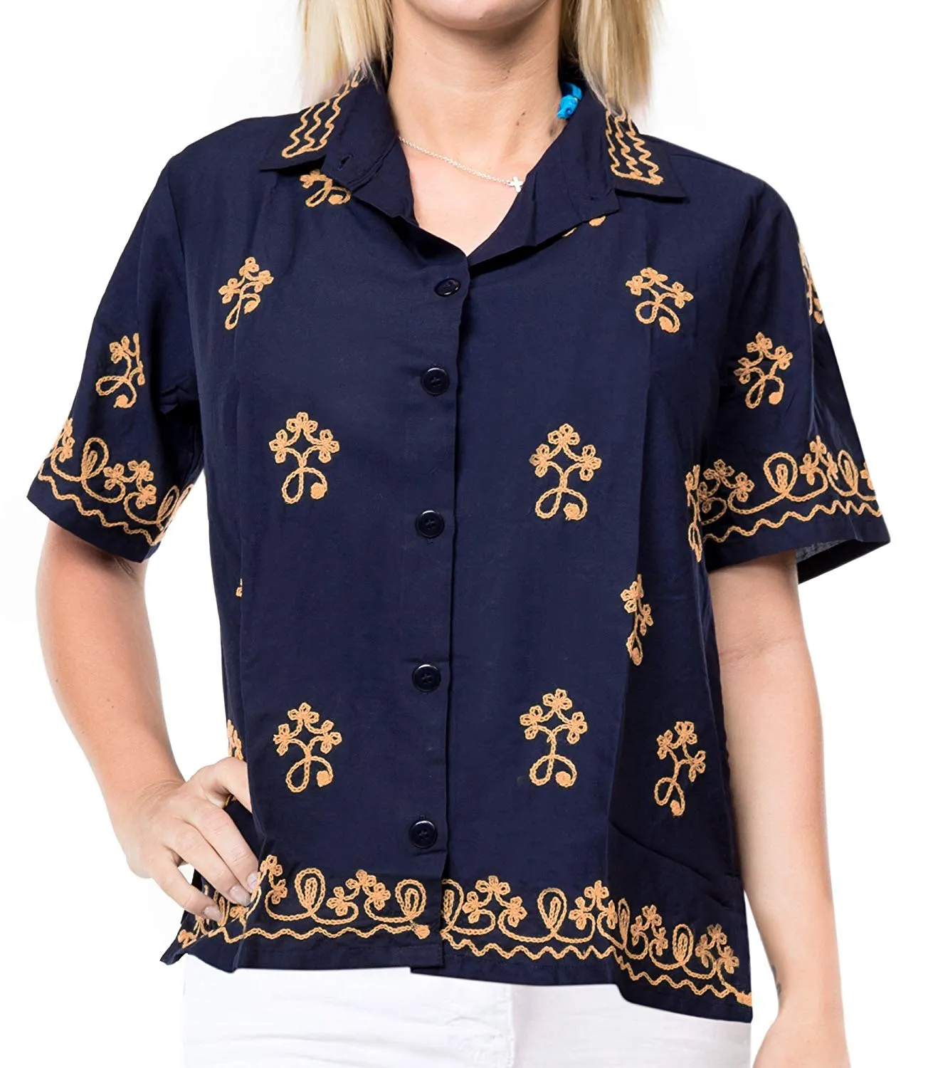 Vintage Embroidered Short Sleeve Rayon Blouse Button Down Aloha Shirt Women Blue