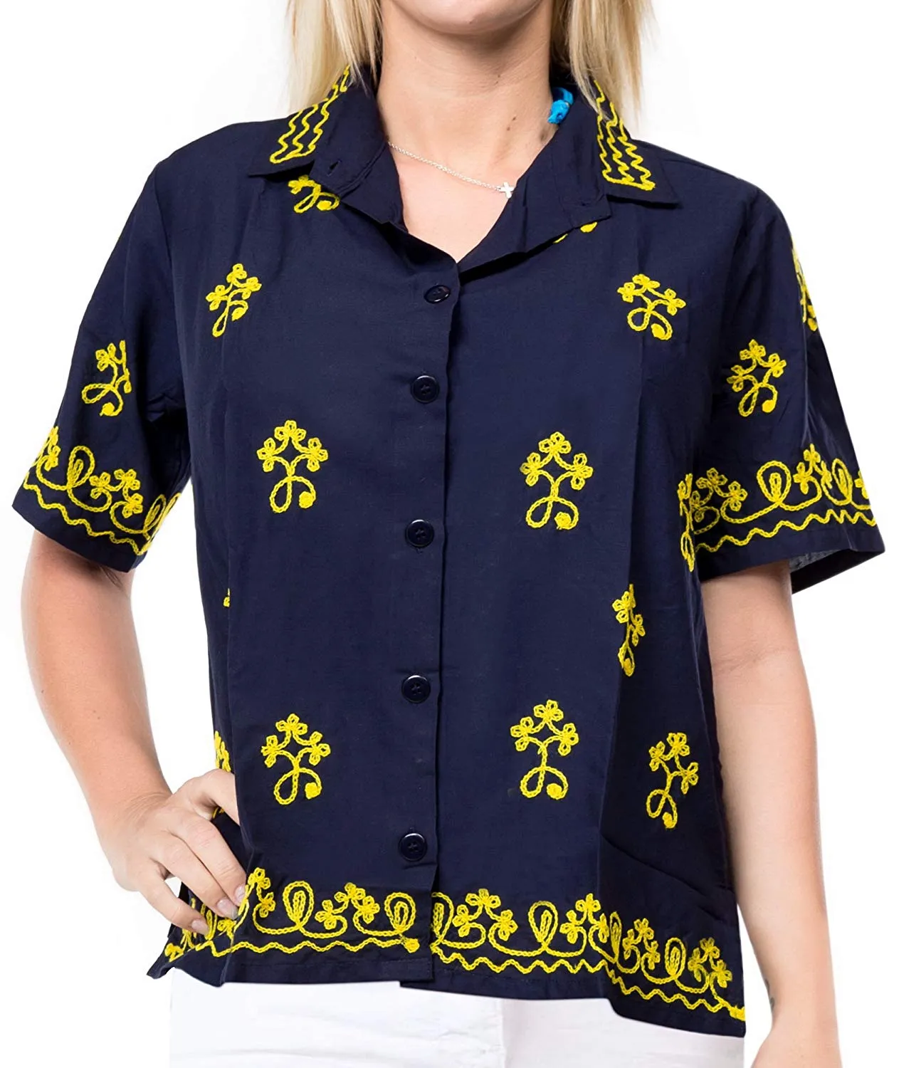 Vintage Embroidered Short Sleeve Rayon Blouse Button Down Aloha Shirt Women Blue