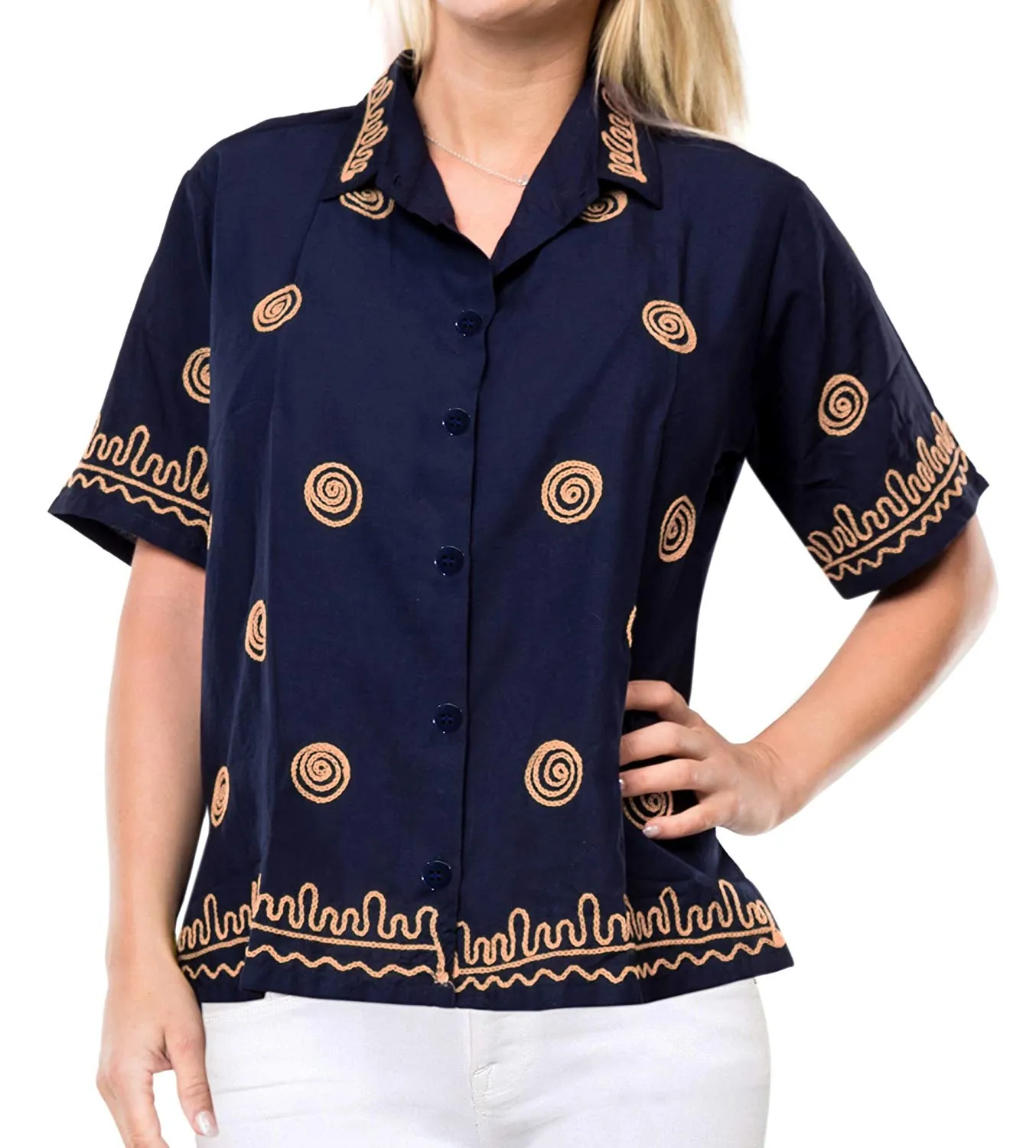 Vintage Embroidered Short Sleeve Rayon Blouse Button Down Aloha Shirt Women Blue