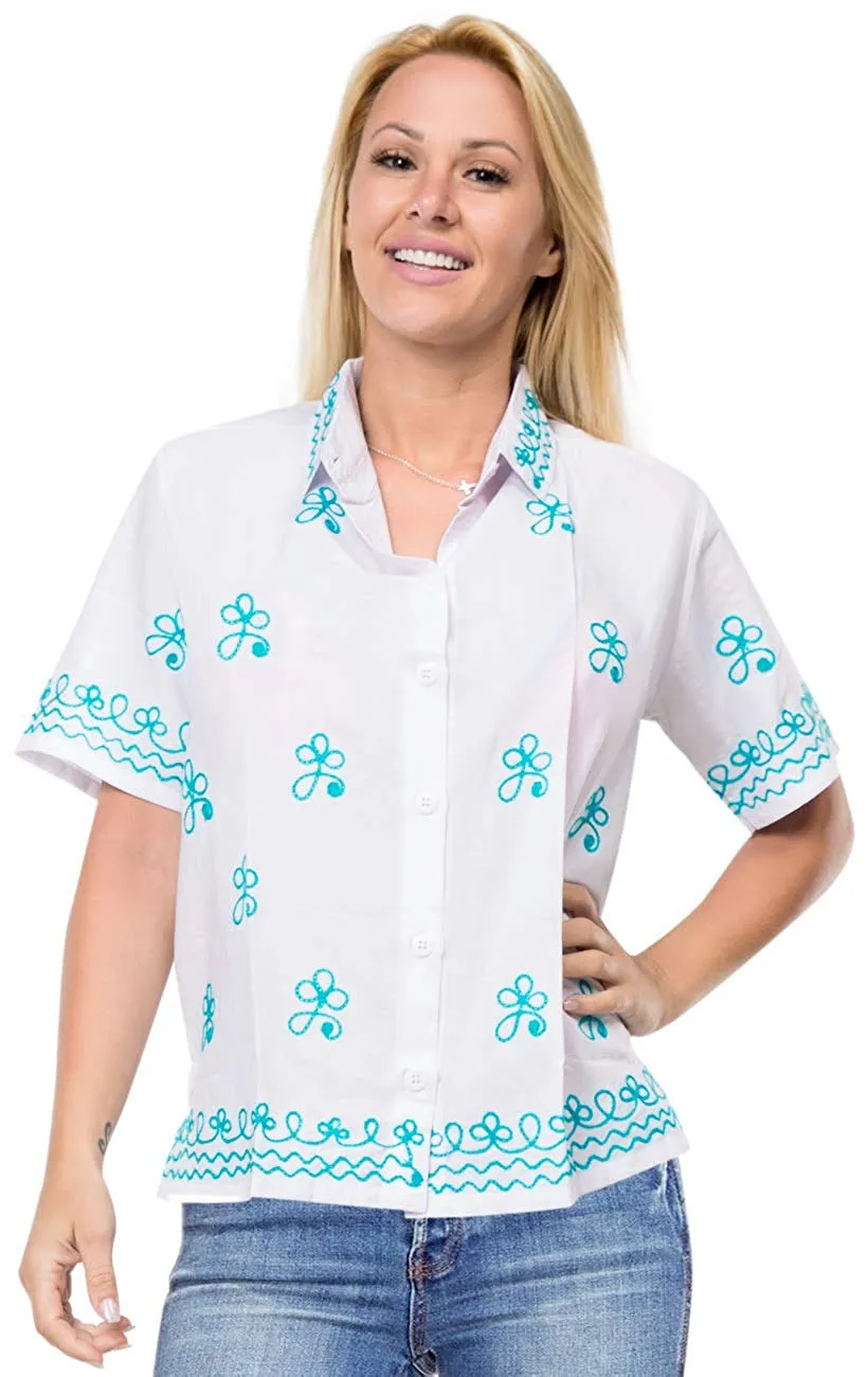 Vintage Embroidered Short Sleeve Rayon Blouse Button Down Aloha Shirt Women Blue